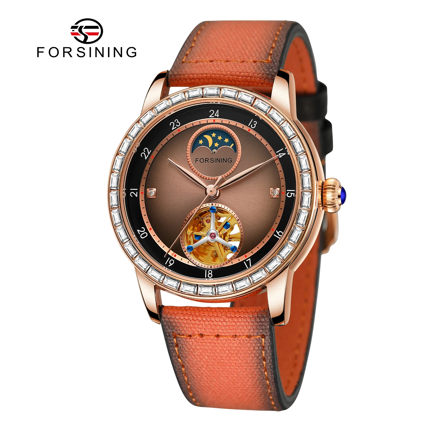 Luxury Brand Tourbillon Skeleton Mechanical Watches Moon Phase Carved Movement rhinestone Automatic Mens Watch Leather Strap
