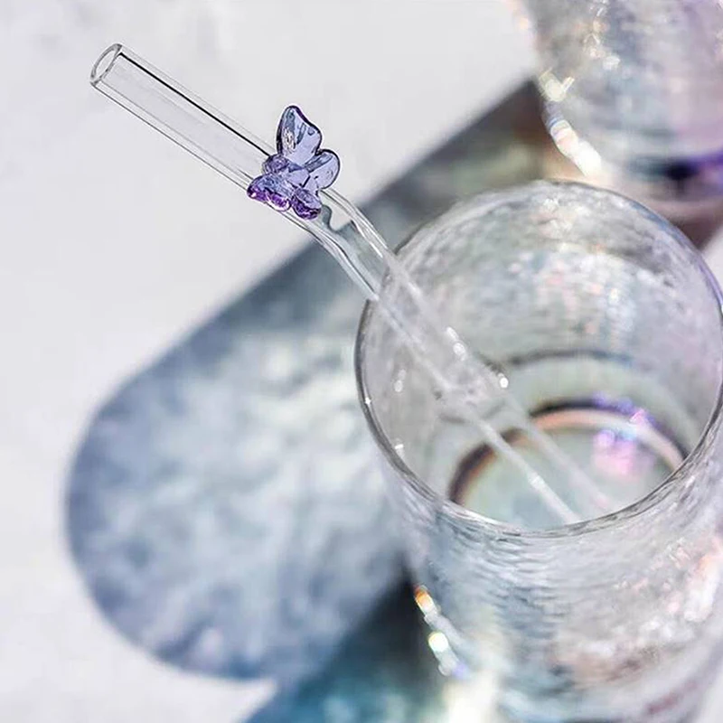 Pajitas de vidrio reutilizables con mariposa, pajitas ecológicas para beber con cepillo limpio para batidos, cócteles, accesorio de Bar