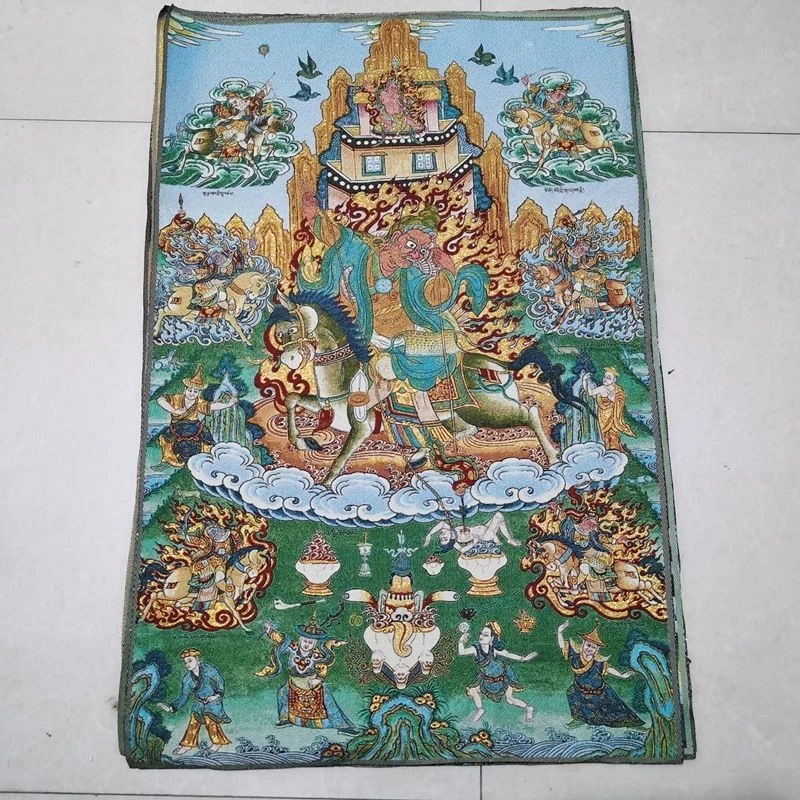 

Тибетская тканевая шелковая танка с изображением бога богатства на коне, вышивка, картина, вышитые подвесные панно