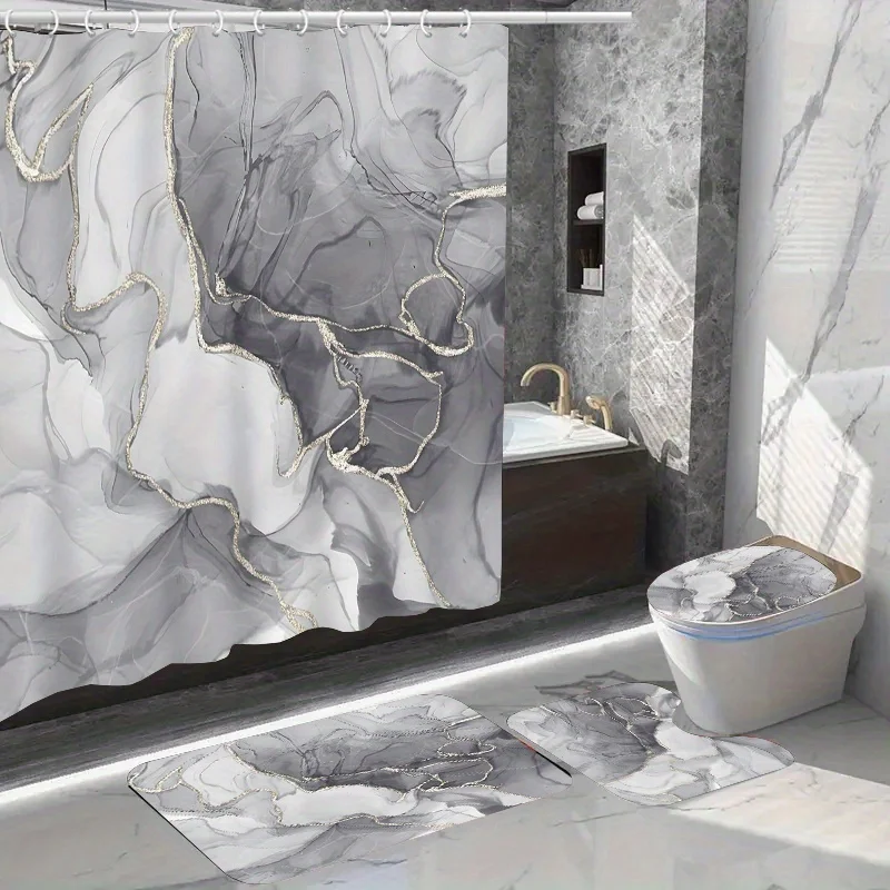 Elegant Marble Design Bathroom Set: Waterproof Shower Curtain, Toilet Seat Cover, Non-Slip Rug, And 12 Hooks - Polyester Fabric,