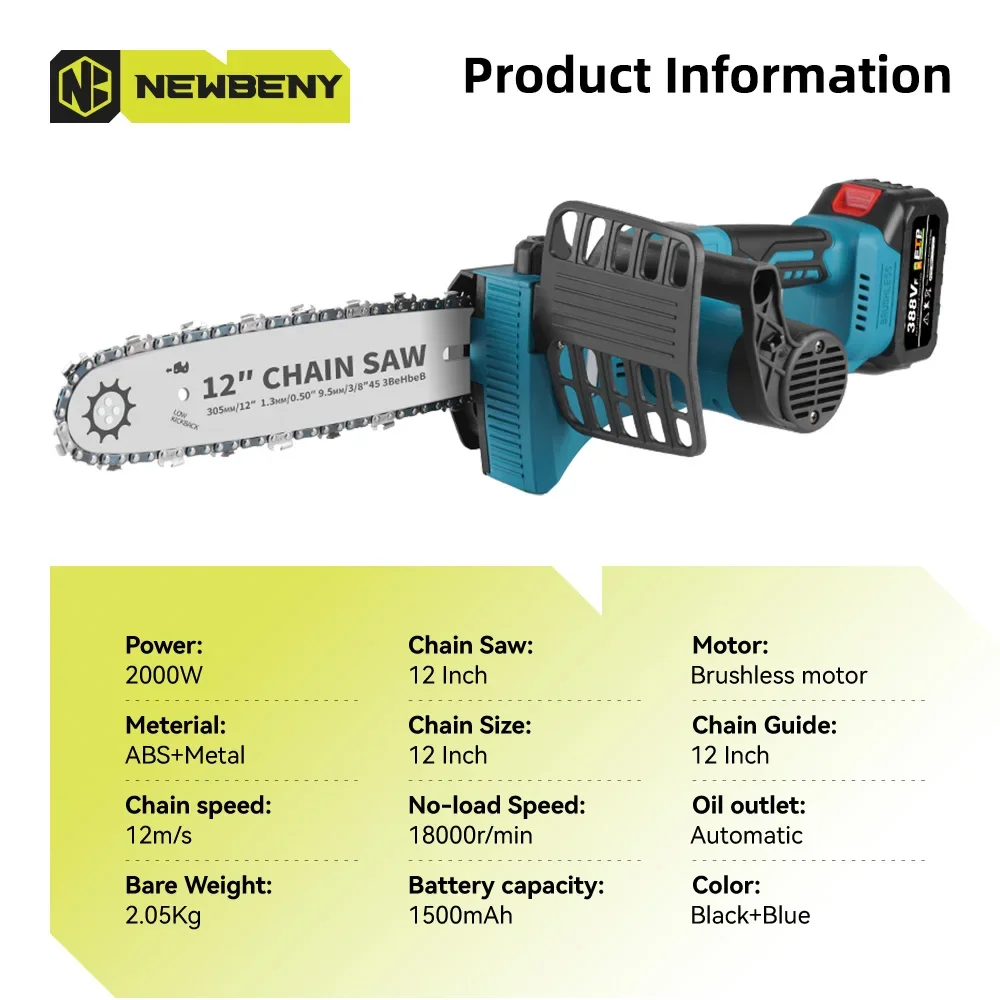 NEWBENY 12 Inch Brushless Electric Chainsaw With Oiler Cordless Garden Woodworking Cutting Tool Machine For Makita 18V Battery