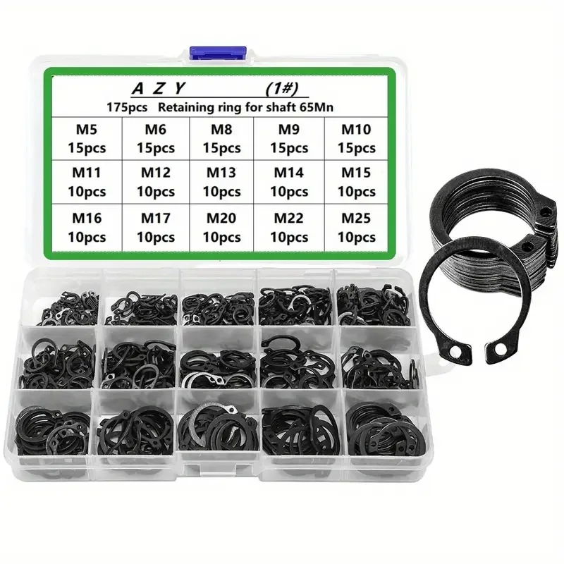 175PCS Retaining Ring Assortment Kit 65Mn Steel Black Circlip C Clip with Elastic Stop Cross Border