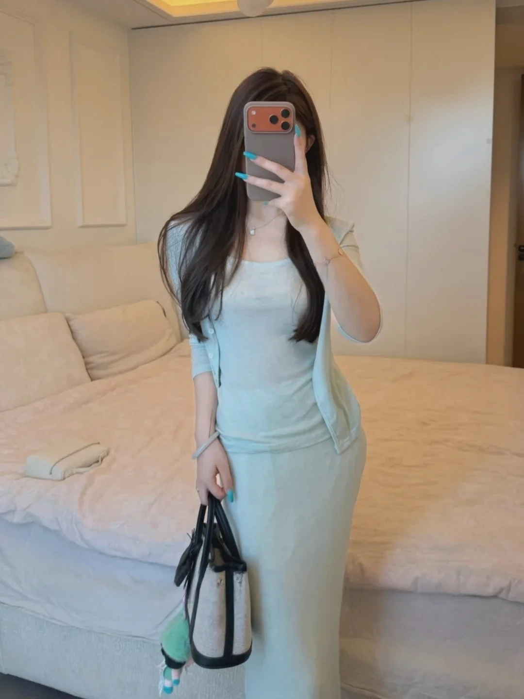 Elegant Sun Protection Open Cardigan Strap Vest Women's Summer Loose Sensation Wooden  Design Half Skirt Three-piece Set