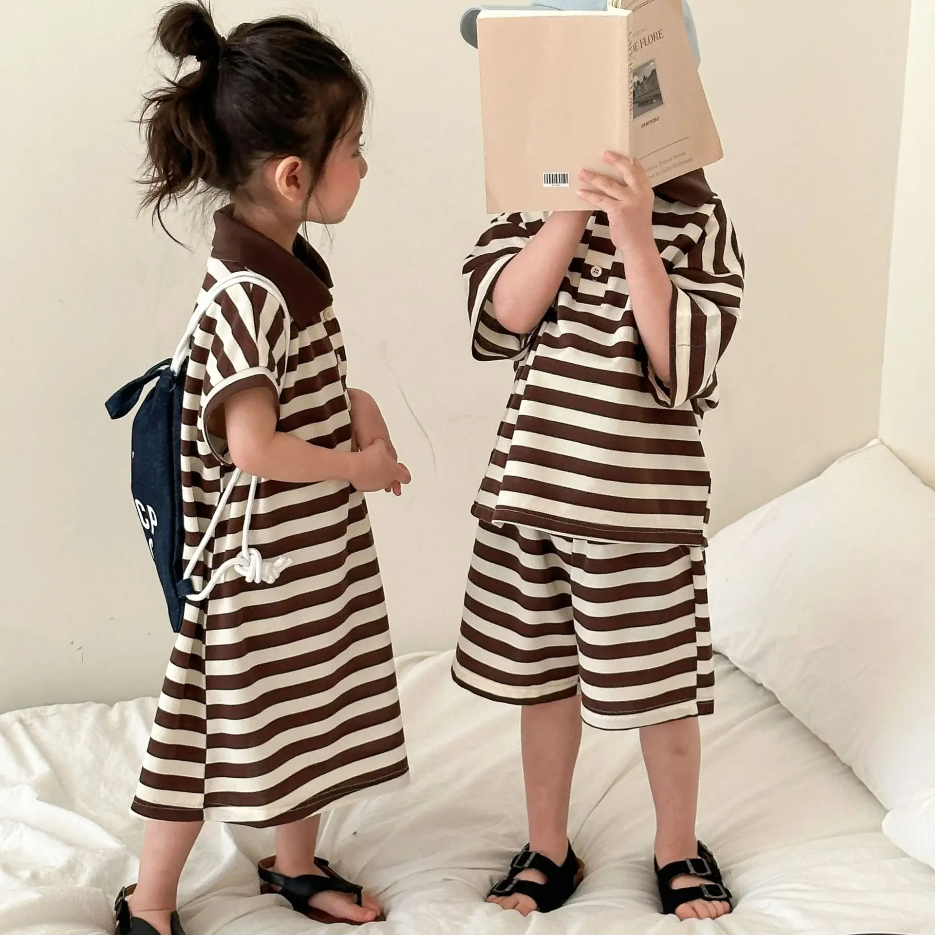 Children Clothing Kids Summer Suit Boys Sport Style 2024 New Fashionable Striped Set Girls Dress Brother and Sister Clothes