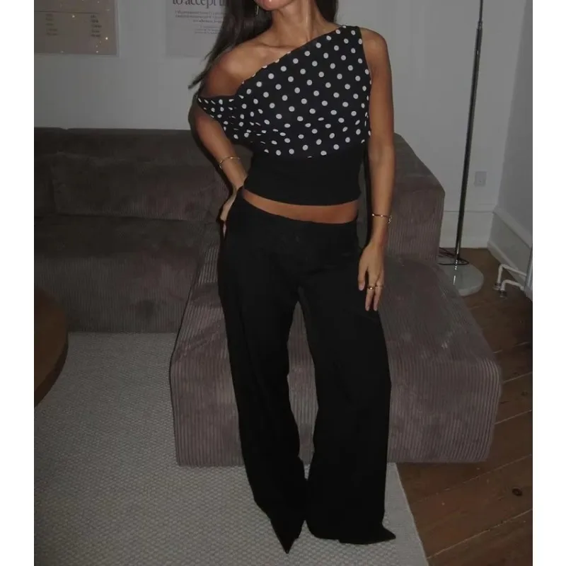 Backless Polka Dot Crop Tops Women Vest Fashion Summer New Oblique Shoulder Sleeveless Tank Tops Pullovers Female