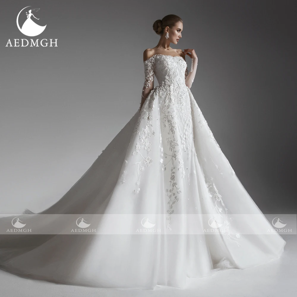 Aedmgh sirena abiti da sposa eleganti 2024 scollo a barca manica lunga Vestido De Novia Appliques treno staccabile Robe De Mariee