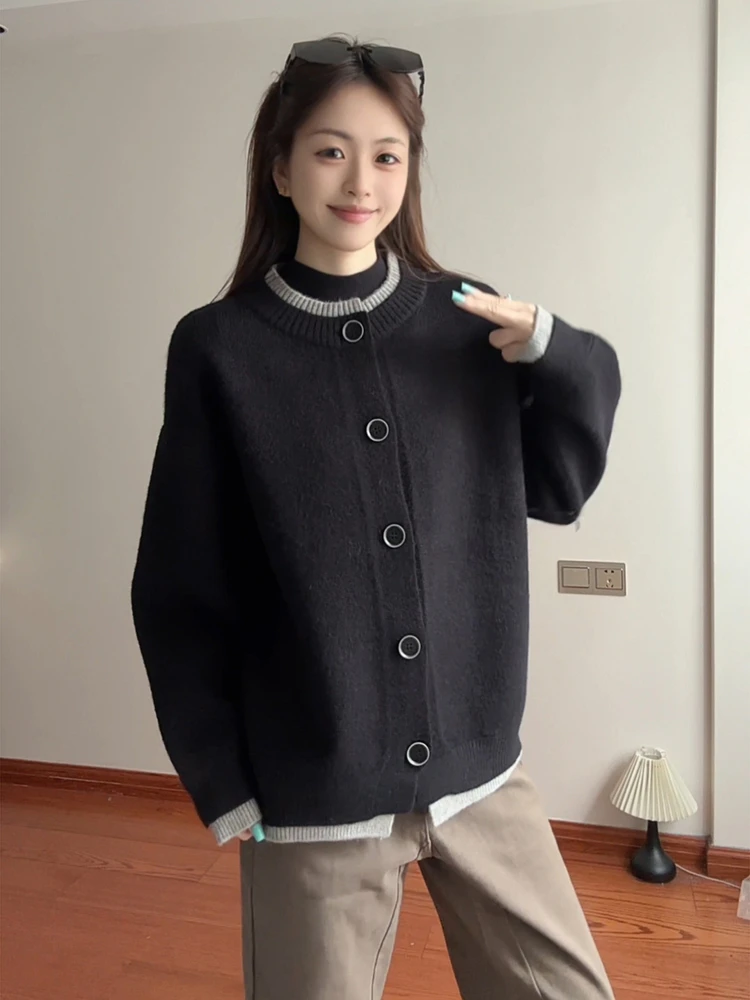 

American Color Blo Knitted Fake Two-Piece Open Cardigan Sweater Men Women Autumn Winter Single Button Loose Lazy Versatile ...