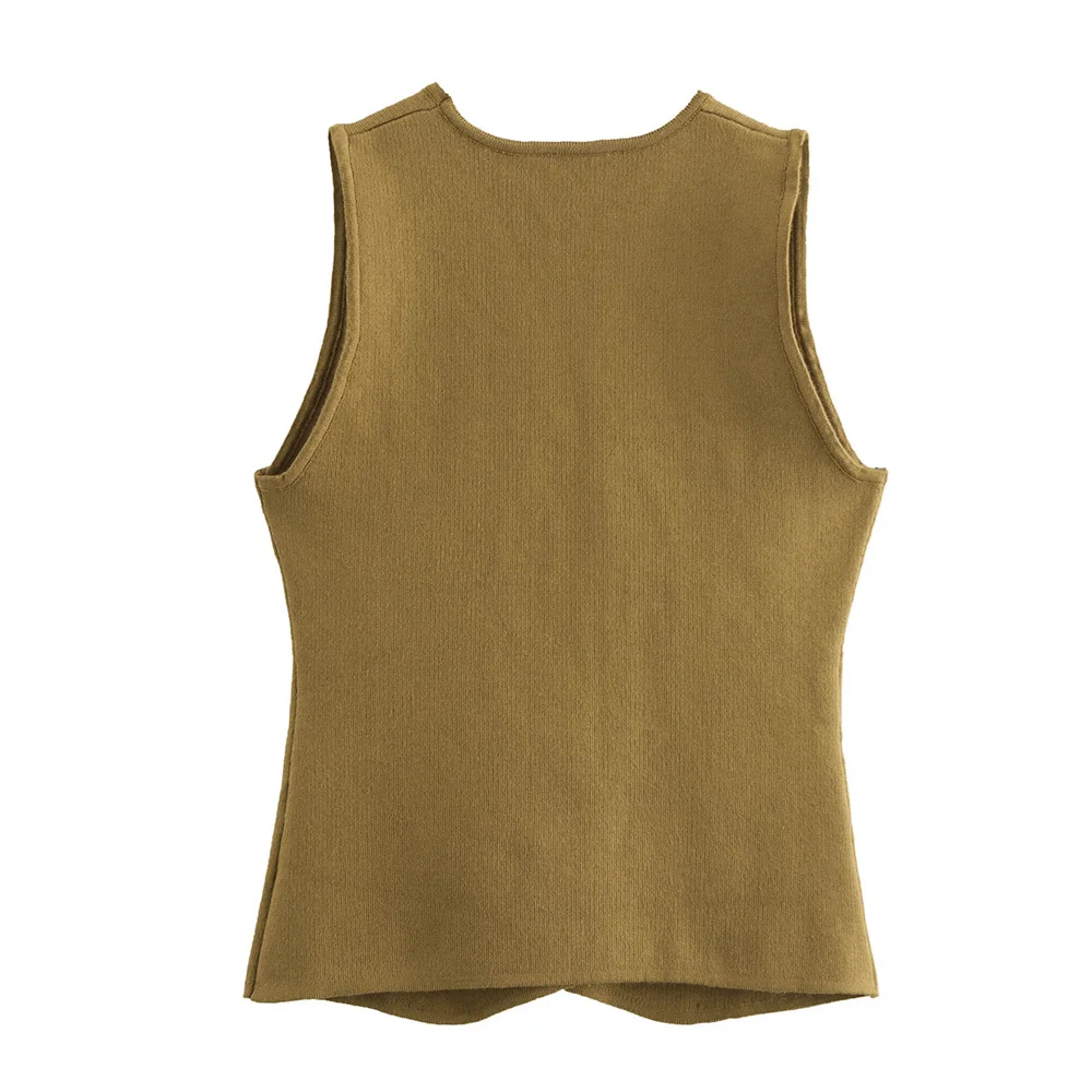 PB&ZA2024 Autumn New Product Casual Women's Fashion Style V-neck Sleeveless Gold Button Knitted Tank Top