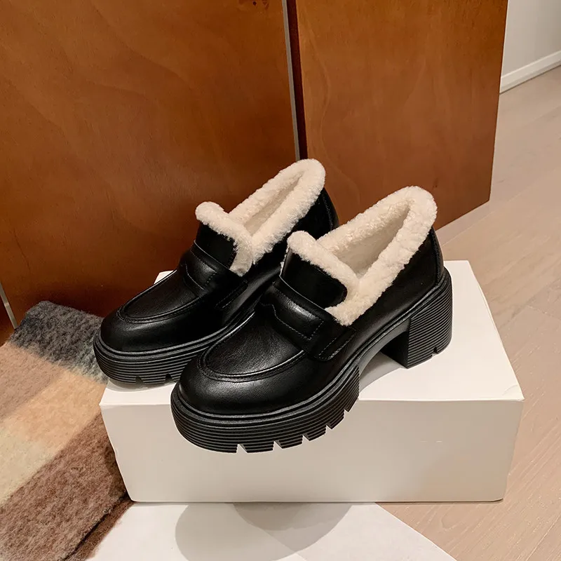 

MKKHOU Fashion Pumps New High Quality Genuine Leather loafers Warm Wool Thick soled Leather Shoes Modern Women's Shoes