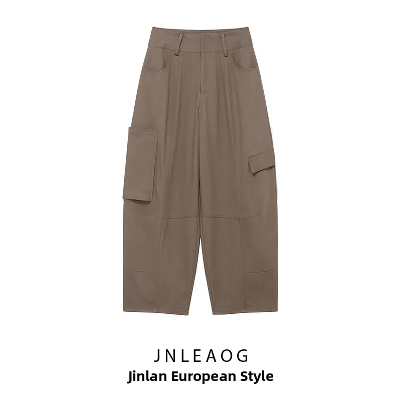 JNLEAOG الخريف جديد المرأة Faion بالون عمال Sle مستقيم الساق سراويل تقليدية الشارع Sle l الخصر زر إغلاق #1