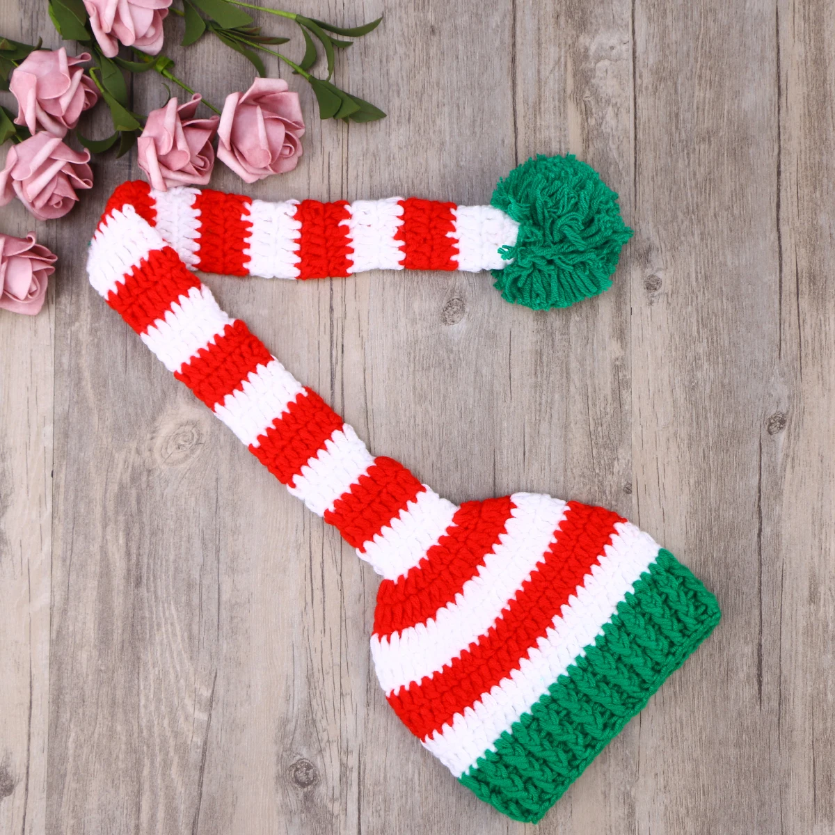 

Santa Hat Tail Handmade Crochet Baby Newborn Infant 0-10 Months Pompom Photography Props Gift Christmas Cap Elastic