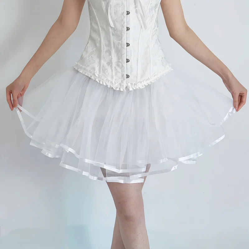 Women's Romantic Boneless Puffy Tutu Skirt - Layered Tulle & Ruffled Layers, White & Black Two-Tone Wedding Cosplay Underskirt,