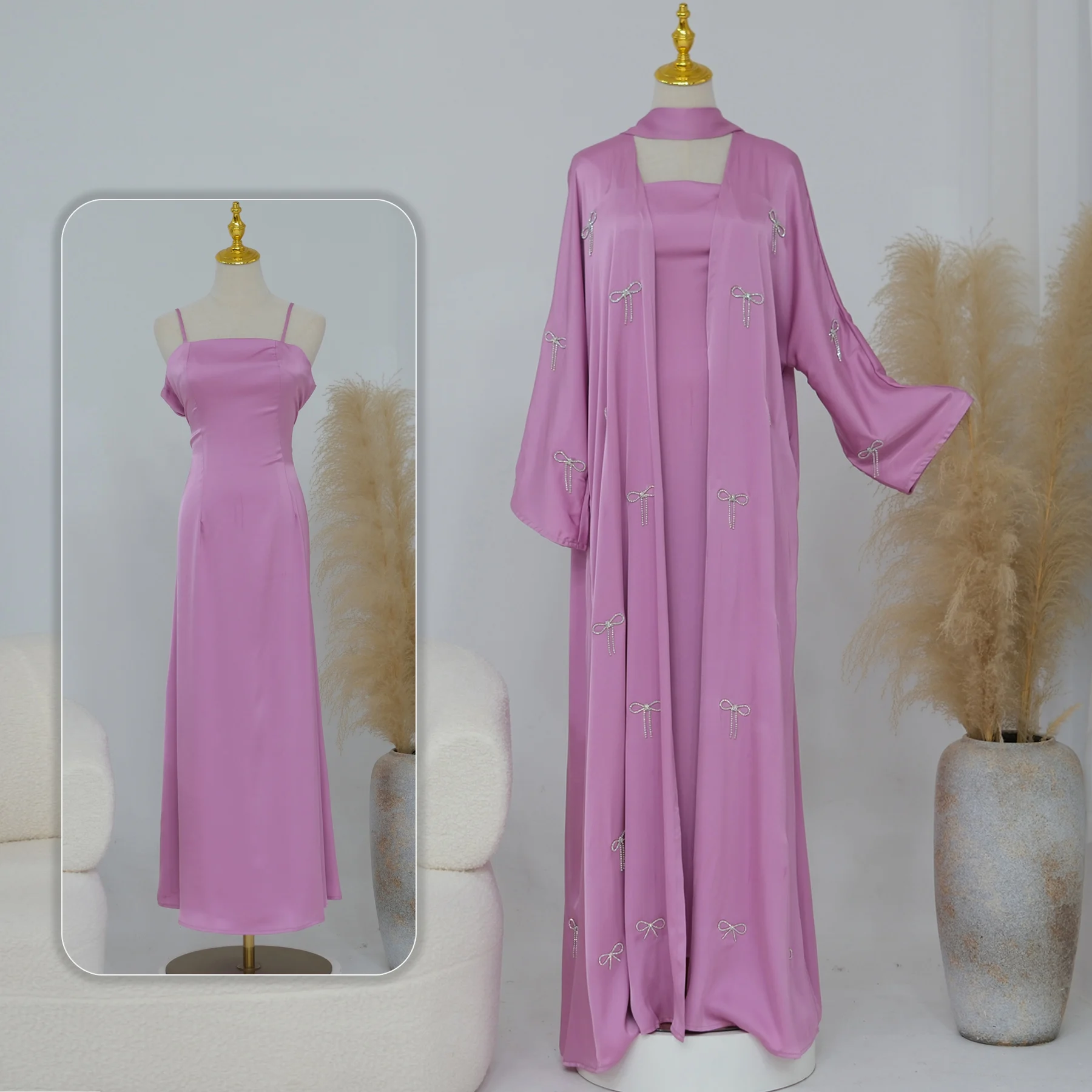 Elegant Sleek Abaya Set-Rhinestone Bow Dolman Sleeve Kimono Robe&Lace-Up Back Slip Dress for Eid, Weddings, Party, Resort Wear