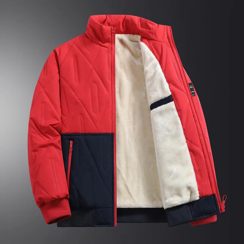 

Winter Stand Collar Jacket Thickened Sherpa Lined Parka Coat Unisex Zip Up Contrast Splicing Cotton Padded Coat Inner Pocket