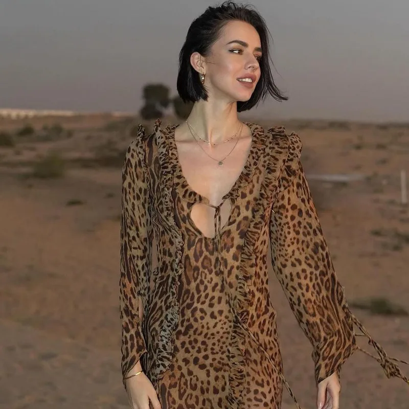 

2024 New Leopard Ruffle Dress Women Summer Sexy Lace Up V Neck Long Sleeve Bodycon Maxi Dresses Female Party Club Vestidos