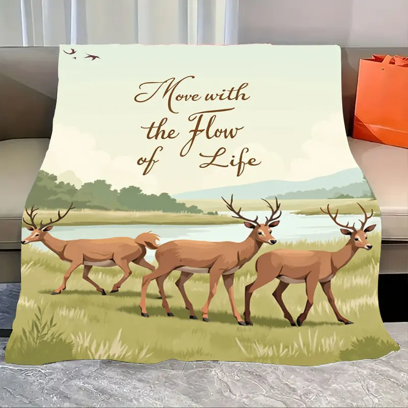 

1pc Flannel Blanket "Nature Scene Deer Blanket: 'Move with the Flow of Life' Cozy Throw"
