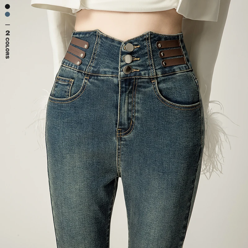 

Autumn Women's Skinny High-waist Jeans Vintage Fashion Leather Label Multi-button Stretch Denim Pants Street Slim Pencil Pants