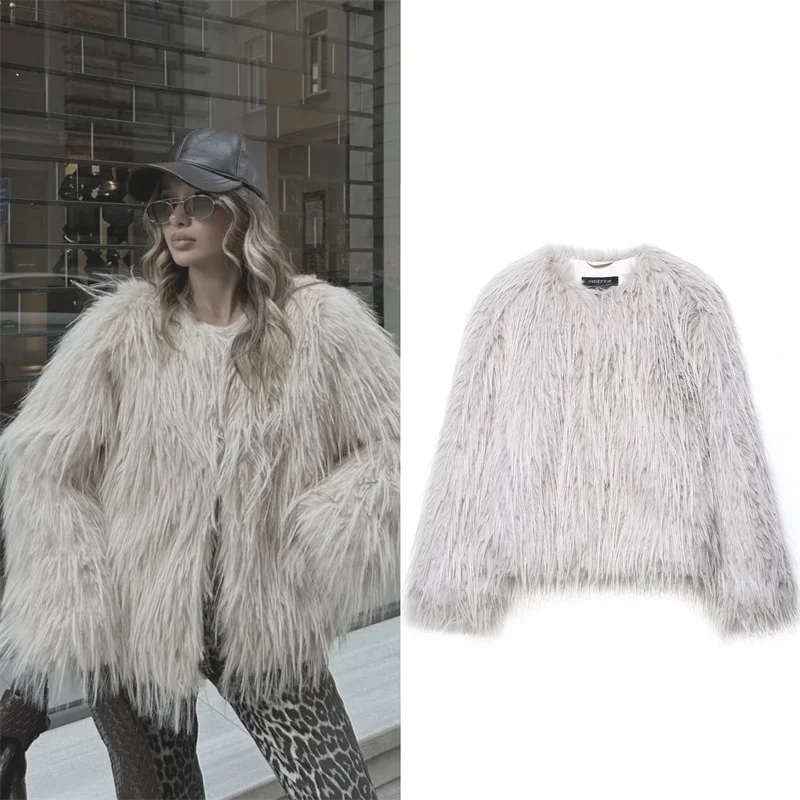 

Женская куртка, осень 2023, новый стиль, светло-серое пальто с длинными рукавами и эффектом искусственного меха, элегантное и модное