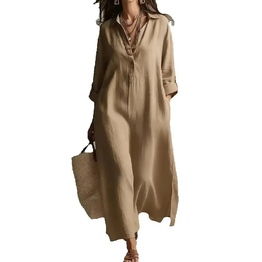 Vintage Europäisches und Amerikanisches Maxikleid mit Revers und Halbplacket, Dreiviertelärmel, Lässiger Stil für Urlaub und Freizeit