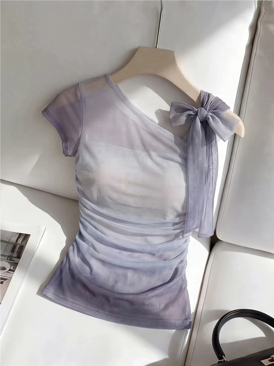

Elegant Ladylike Off-Shoulder Tie-Belt High-End Comfortable Fashionable Youthful Summer Top Korean Style Slim Fit Short Sleeve