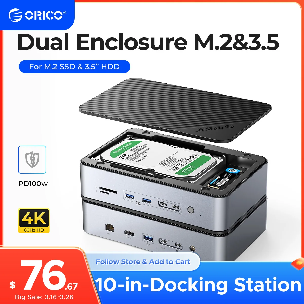 ORICO Docking Station Deck with Dual M.2 NVME SSD Case 3.5 Hard Drive Enclosure Steam Dock 10 in 1 HDMI 4K60Hz PD100W Ethernet