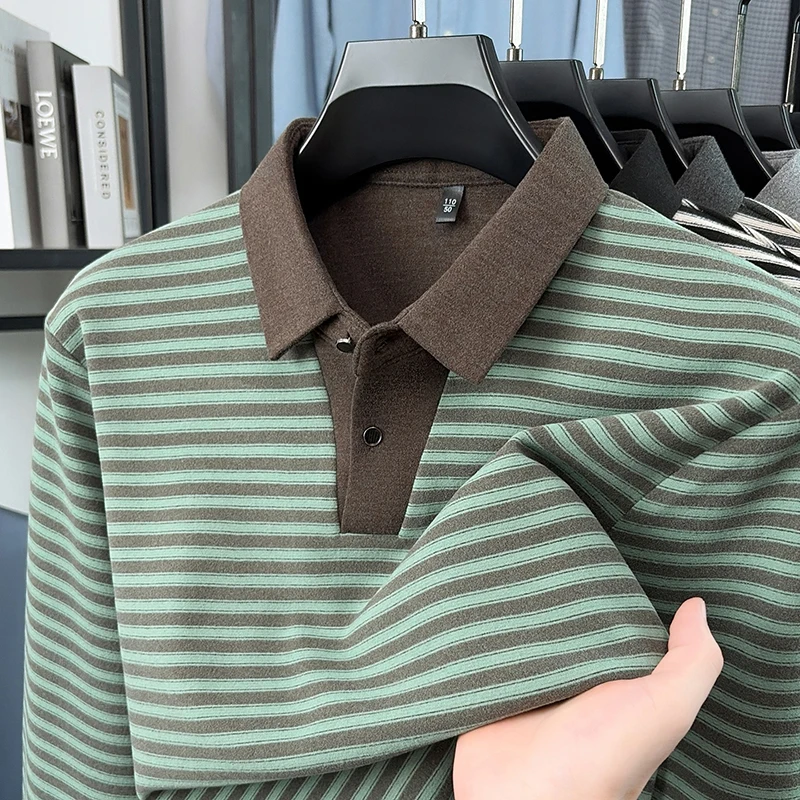 2026 New Men's Autumn Long Sleeved Polo Shirt High-Quality British T-Shirt with Collar Stripes Fashionable Casual Men's Clothing