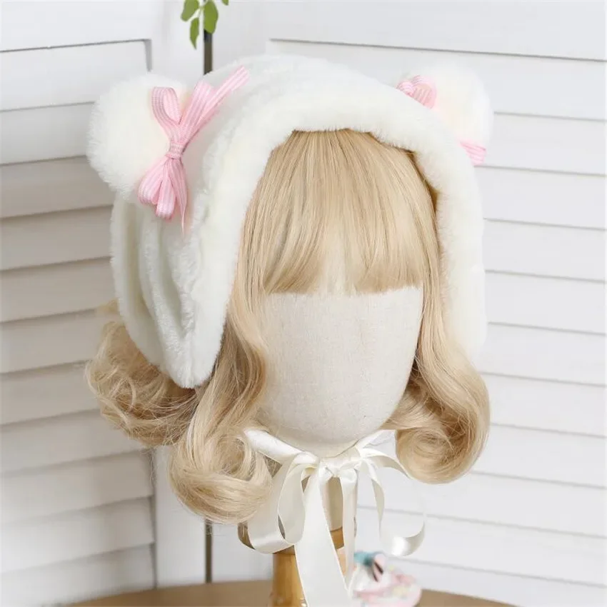 

Японская зимняя теплая плюшевая шапка-медведь в стиле Лолита с коричневыми ушками и бантом, универсальная, милая