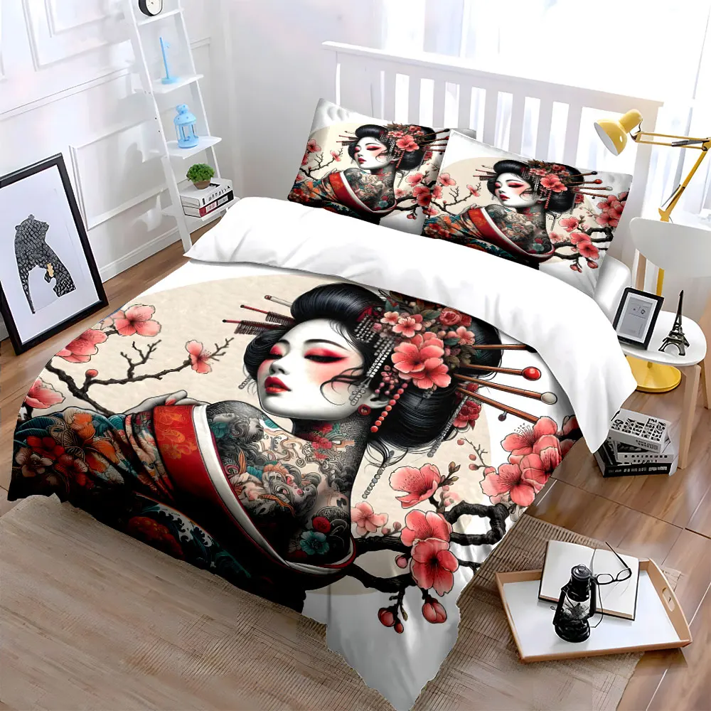 Geisha with tattoo and cherry blossoms Printed Duvet Cover Set1 Duvet Cover+2 Pillowcase Multi Size Bedroom Bedding Decor