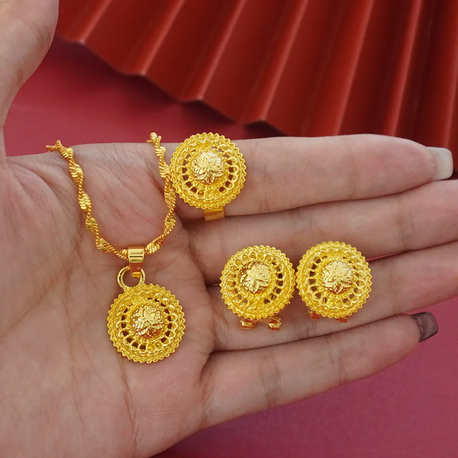 9999 Gold Middle East Best-Selling Three-Set Necklace, Pendant Earrings, Ring Jewelry Set with Five-Star Design