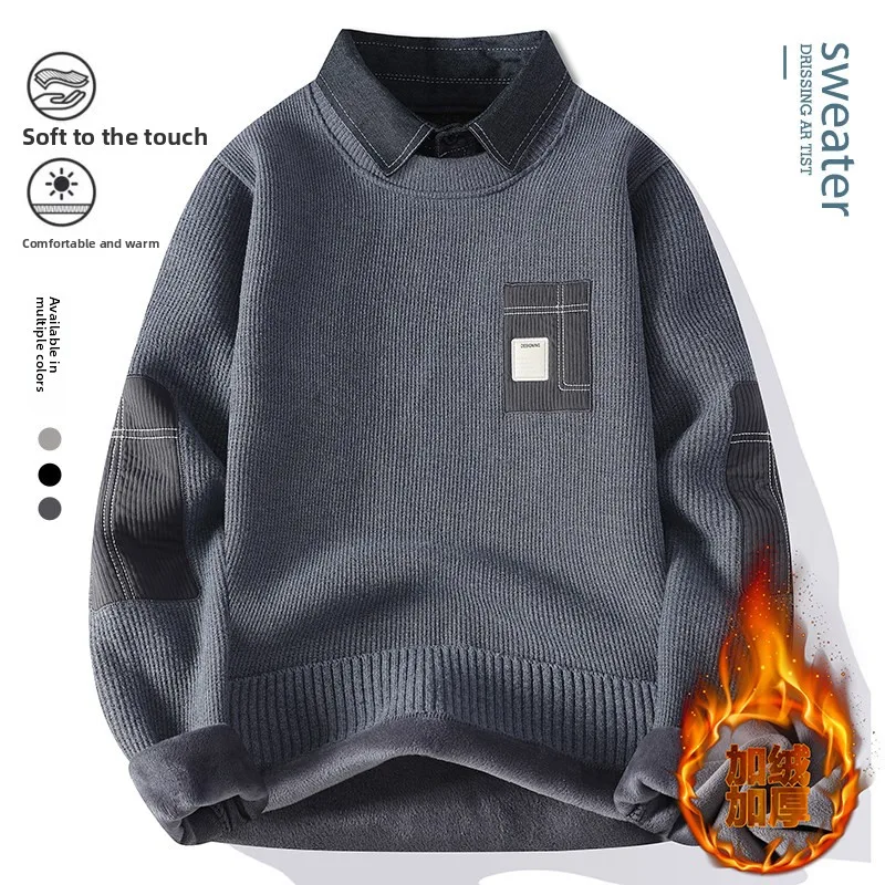 

Men's Faionable Plu Knitwear Casual irt Collar Warm Winter Sweater One-Piece Color Blo Design Youth Straight Cut Fit