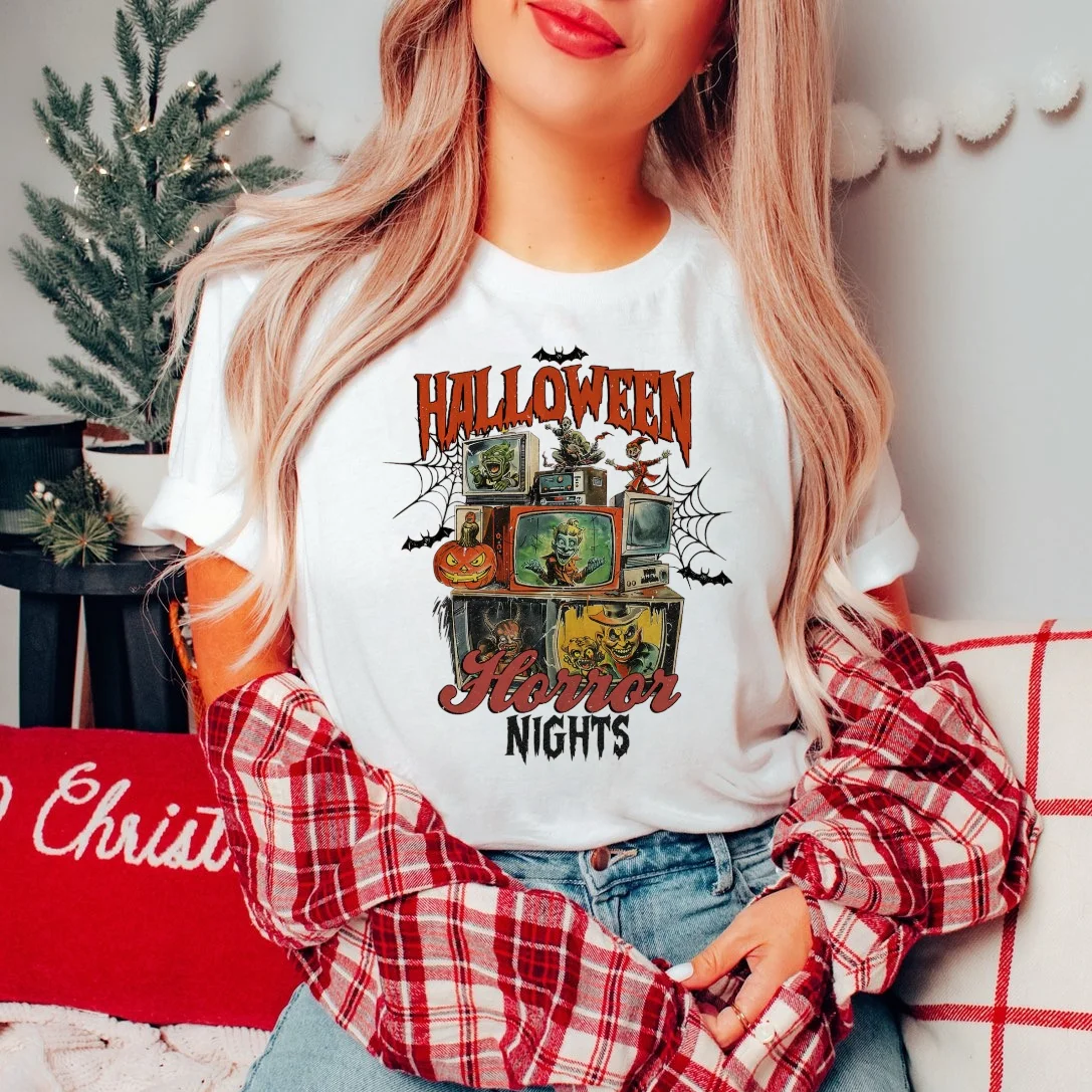 Pattern T-Shirt Fashion Women's Printed Clothing Watercolor Retro Cartoon Christmas Happy New Year Printed Short Sleeve Top