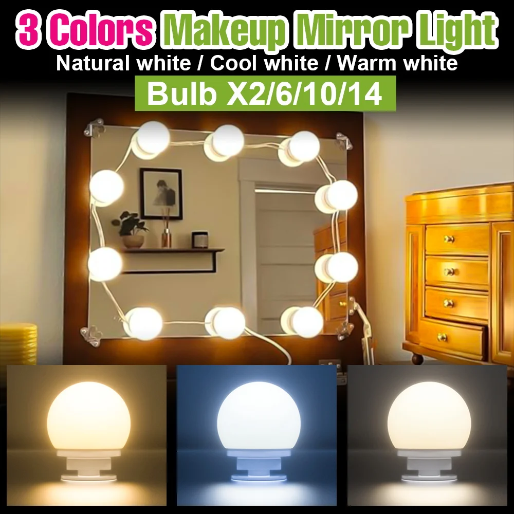 

Светодиодные светильники для зеркала для макияжа, 5 В, лампа для туалетного столика, 3 цвета, сенсорное регулируемое USB-зеркало для ванной комнаты, украшение для спальни, 2/6/10/14 лампочек