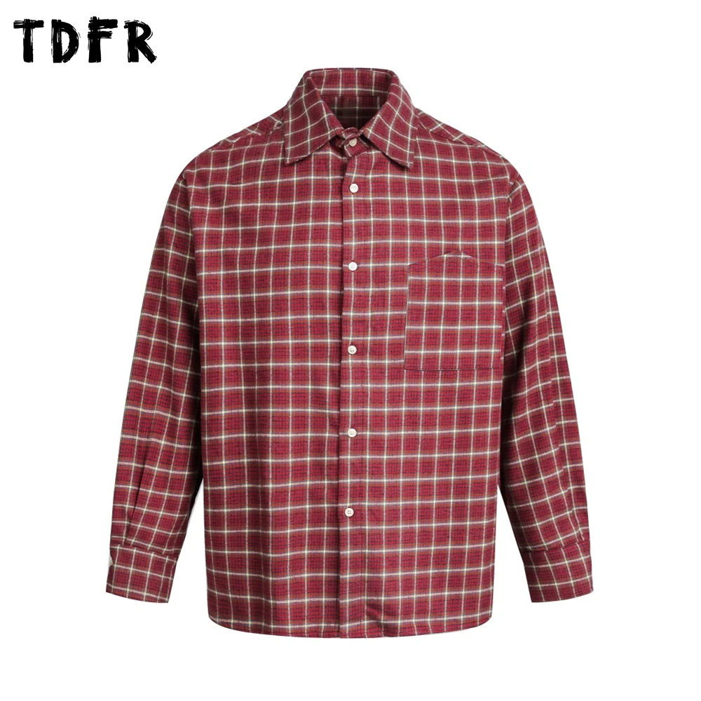 Retro Plaid Long Sleeve Shirts Mens Pocket Spring Casual Loose Single Breasted Lapel Cotton Checked Shirt Man