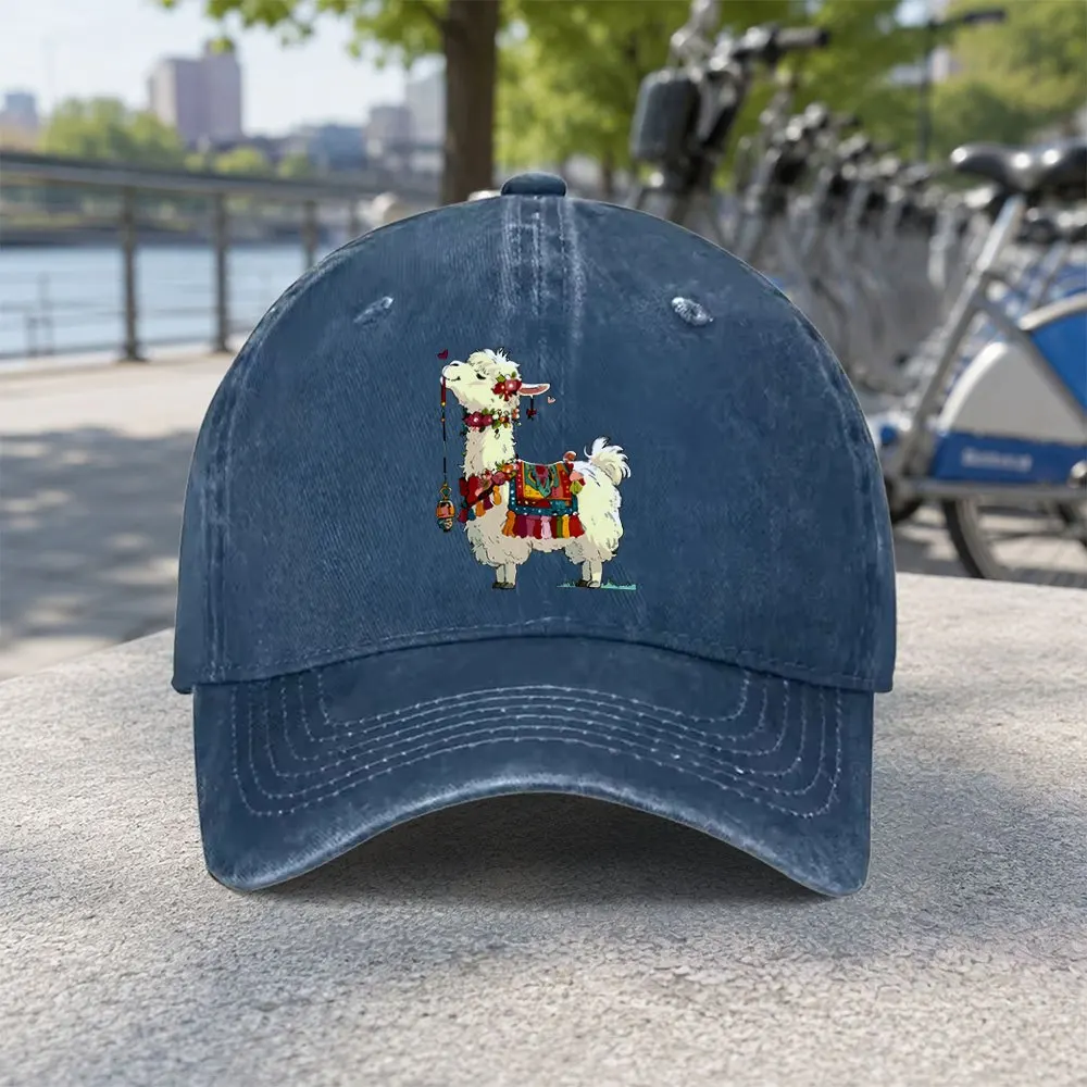 Cartoon Alpaca Pattern Washed Baseball Cap Outdoor Fashion Hat Travel Beach Vacation Cowboy Sun Hats Hip Hop Mens Snapback Cap