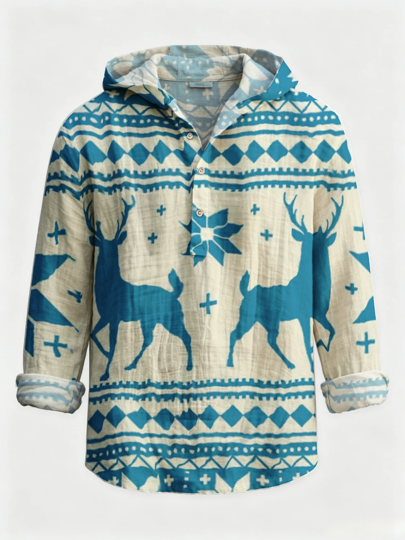 Men Christmas Reindeer Geometric Tribal Print Hooded Henley Shirt Long Sleeve Half‑Button Placket Loose Fit Holiday Festival