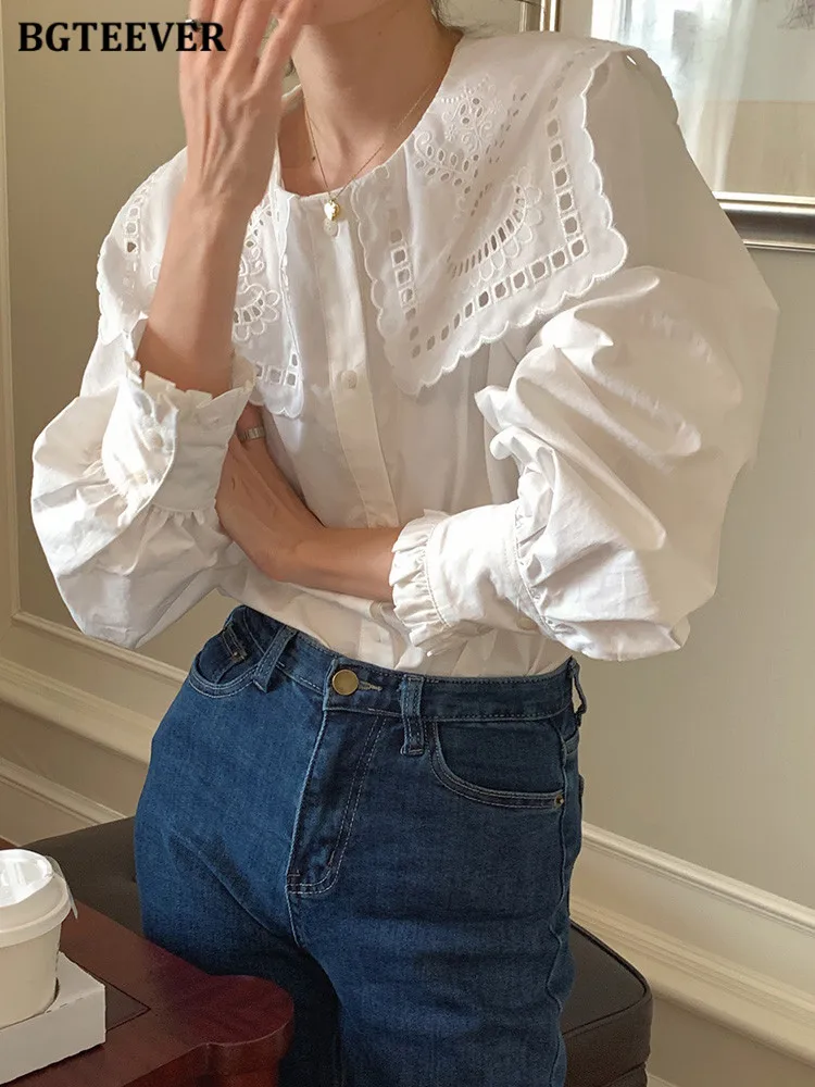 BGTEEVER Stylish Loose Embroidery Female Shirts Hollow Out Lapel Full Sleeve Ladies White Blouse Spring Summer Ladies Blusas