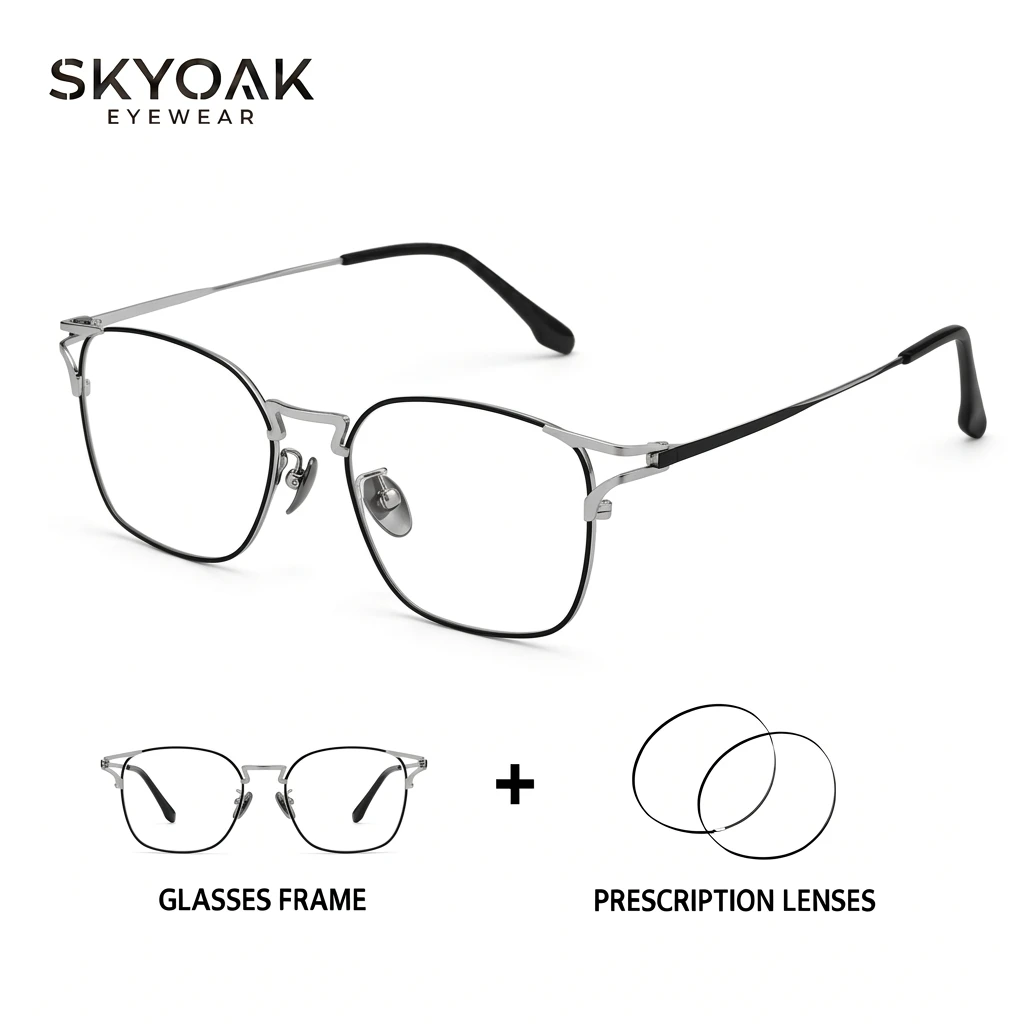 SKYOAK Titanium Prescription Glasses Men, Square Full Rim Progressive Myopia Hyperopia Lightweight Optical Eyeglasses