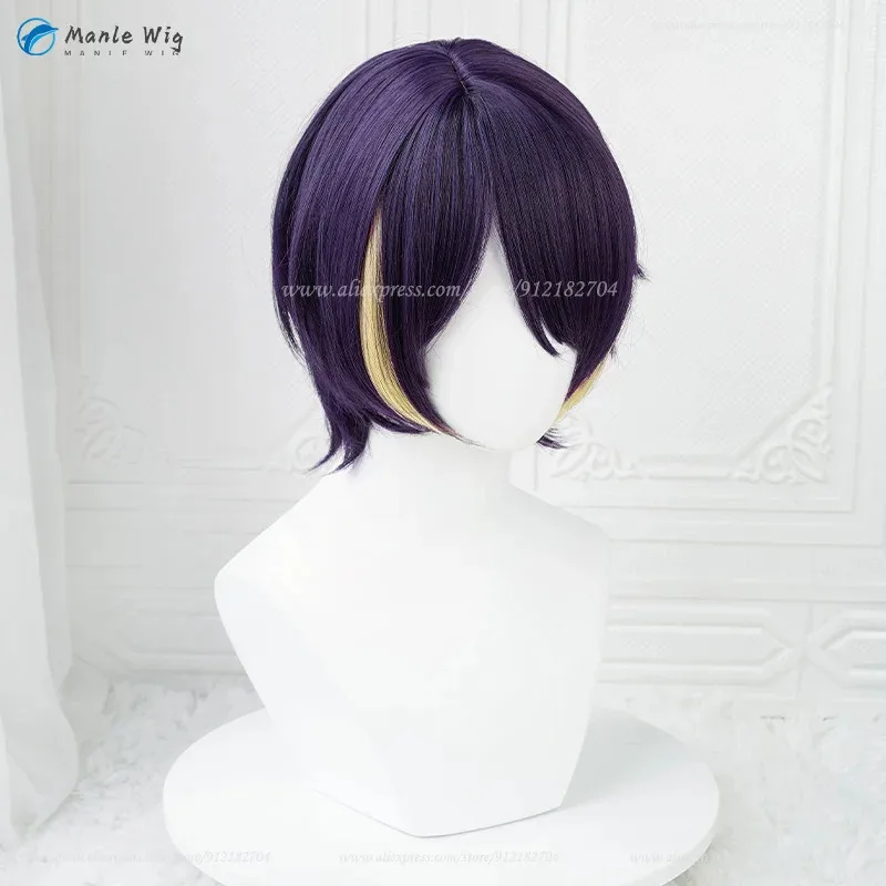 ES Shinobu Sengoku الظلام تأثيري الباروكات 30 سنتيمتر الأرجواني الأصفر مقاومة للحرارة الاصطناعية الشعر أنيمي + غطاء شعر مستعار vc5;'6gh,;