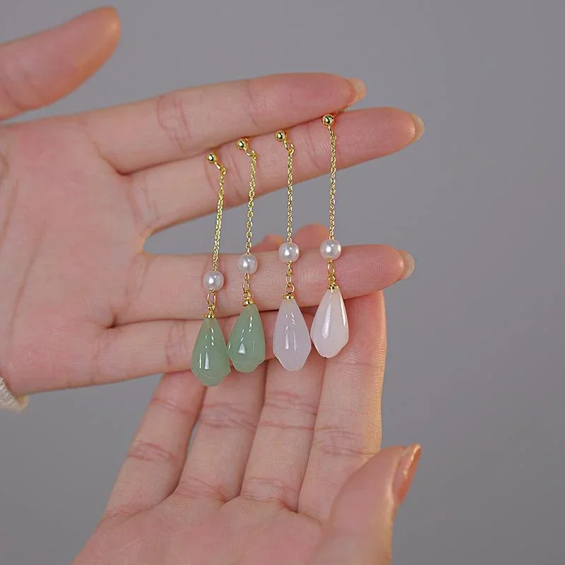 Vintage Natural Hetian Jade Water Drop Earrings for Women Tassel Pearl Earring Green Pink Gemstone Long Earring Party Jewelry