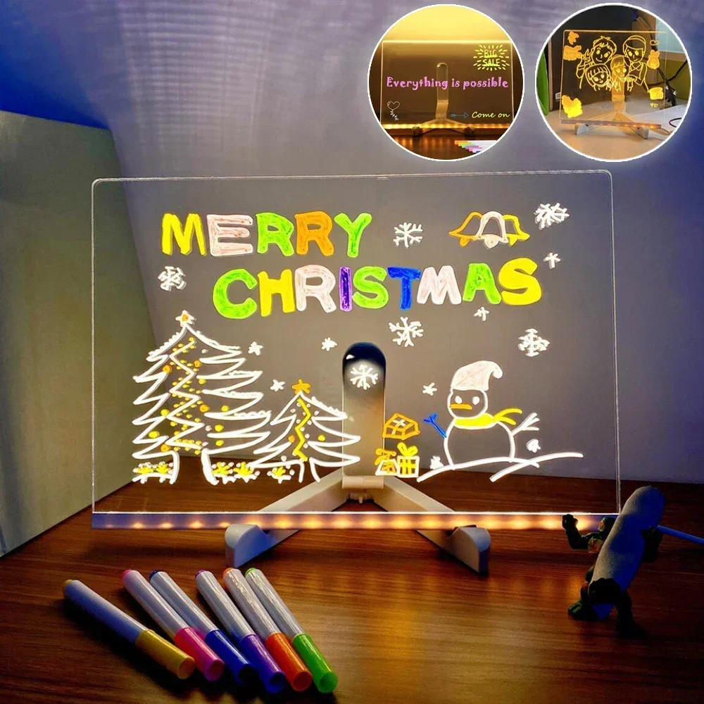 

LED luminous drawing board, luminous message board, acrylic drawing board with color pen, erasable writing, children's toy gift