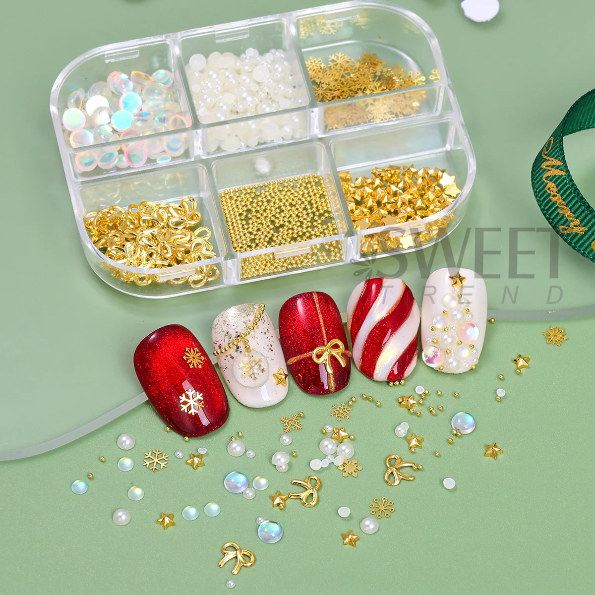 ชุดตกแต่งเล็บคริสต์มาส 6 ช่อง ลายดาว โบว์ เกล็ดหิมะ ดีไซน์เครื่องประดับ ไข่มุกคาเวียร์ ลูกปัดแบน ไข่มุกเมอร์เมด สำหรับตกแต่งเล็บฤดูหนาว