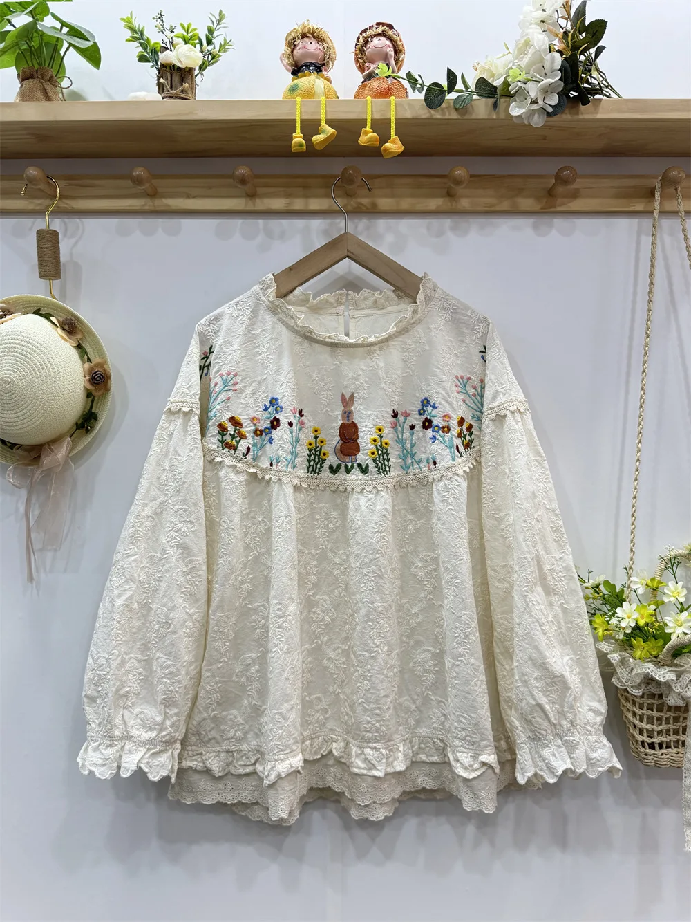 Mori kei clothing Japanese retro lace embroider shirts and blouses sweet lolita cartoon embroider long sleeve shirt for women