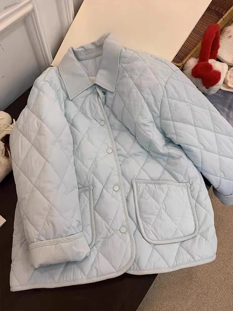 

Anti-Aging Blue Cotton Jaet ex 2024 Autumn Winter Korean Sle Simple Matching Diamond Pattern Collar Coat