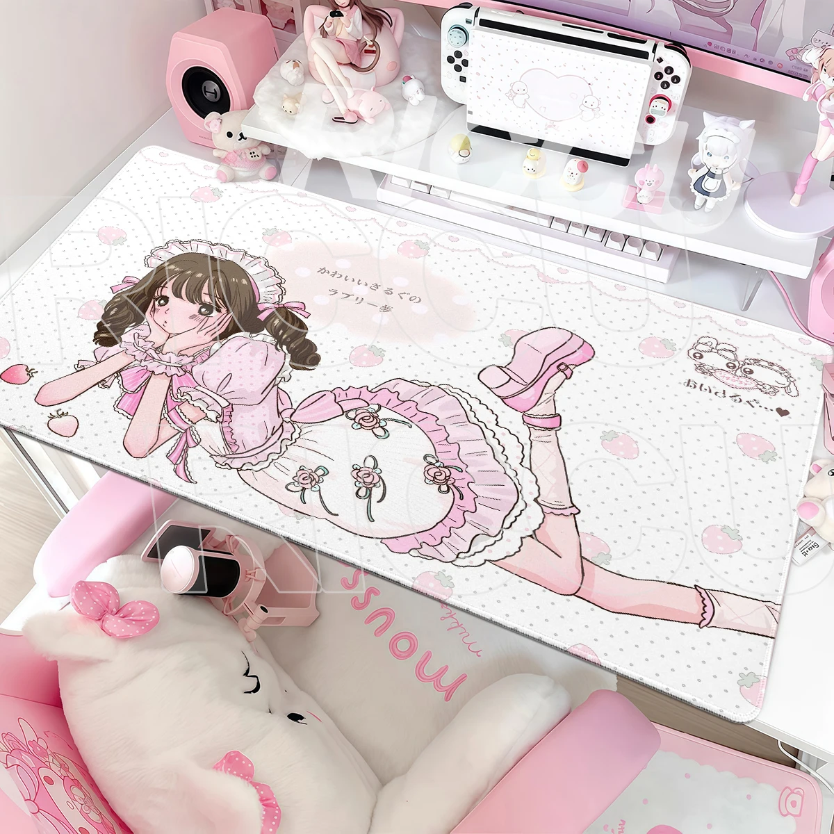 Sweet Anime Girls Aesthetics Mouse Pad Strawberry Polka Dot Large Pink Office Desk Mat Gamer Laptop Keyboard Extended Mousepad