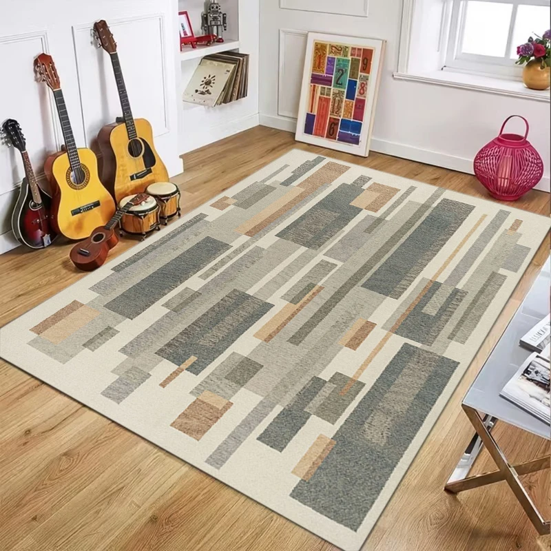 Mid-Century Geometric Block Print Area Rug, Neutral Tone Floor Mat for Living Room Bedroom, Modern Minimalist Home Decor Carpet