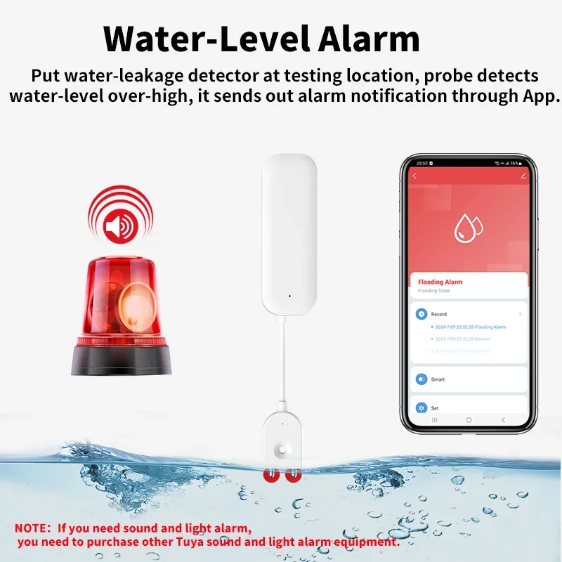 Tuya Sensor kebocoran air WIFI cerdas, Alarm detektor Level air, Sensor kebocoran banjir, APP, sistem Alarm keamanan, kendali jarak jauh