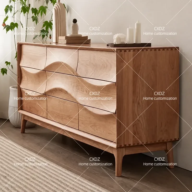 Nordic Solid Wood Wavy Pattern 9 Drawer Chest Cabinet Bedroom Locker Living Room Storage Japanese Simple Modern Home