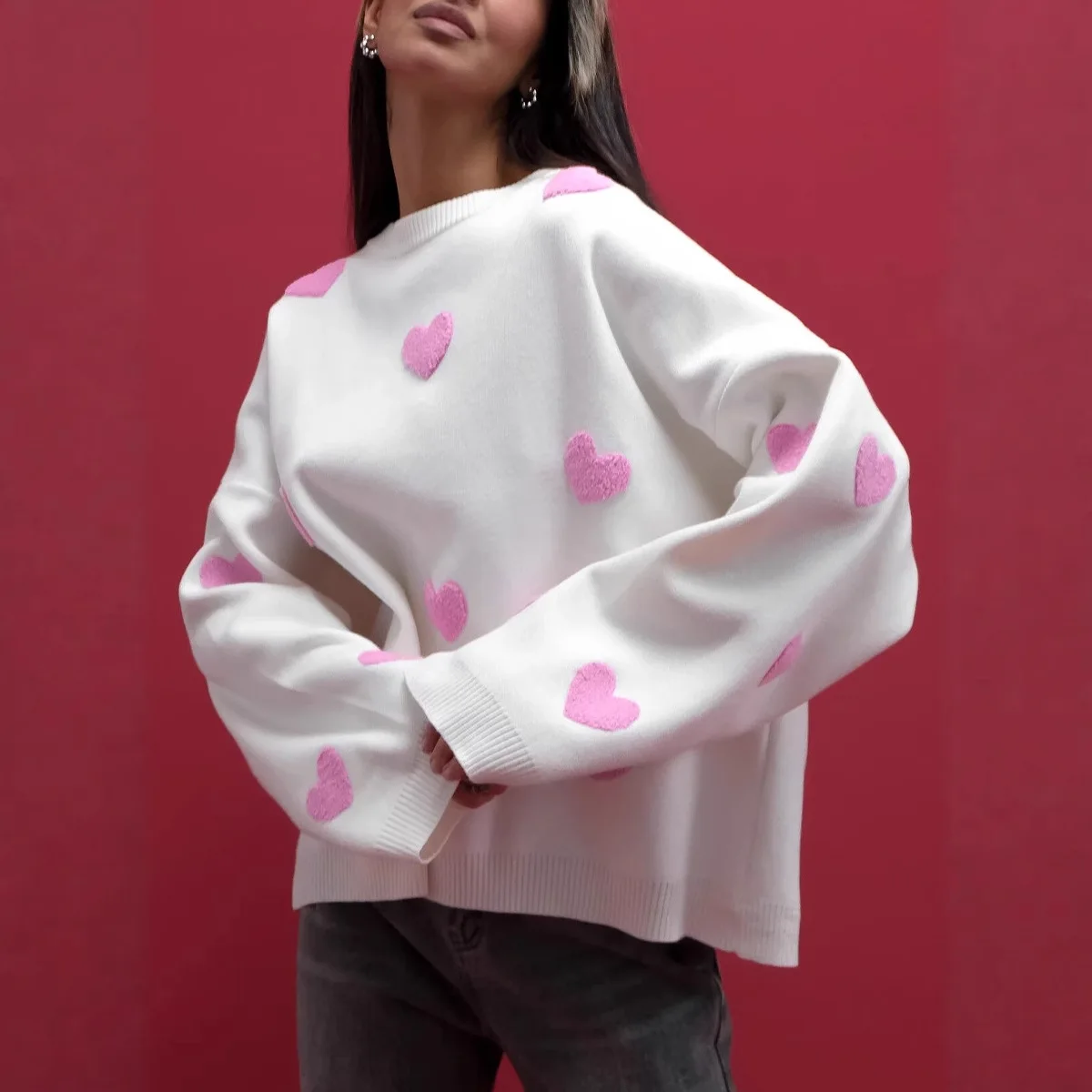 

Осень-зима, повседневный свободный вязаный свитер с круглым вырезом и длинными рукавами, женская универсальная женская одежда в форме сердца, мягкий топ