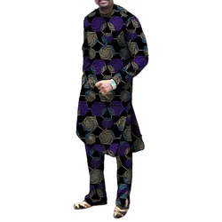 Full Sleeve Tops With Bottoms Men's Groom Suit Male Colorful Print Extended Shirt Set African Wedding Party Outfits