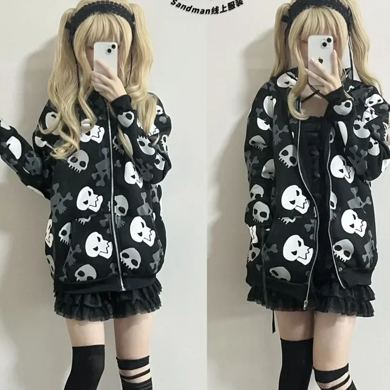Autumn Winter Harajuku Grunge Vintage Zip Up Hoodies Women Gothic Skull Print Japanese Fashion Sweatshirt Streetwear Y2k Clothes